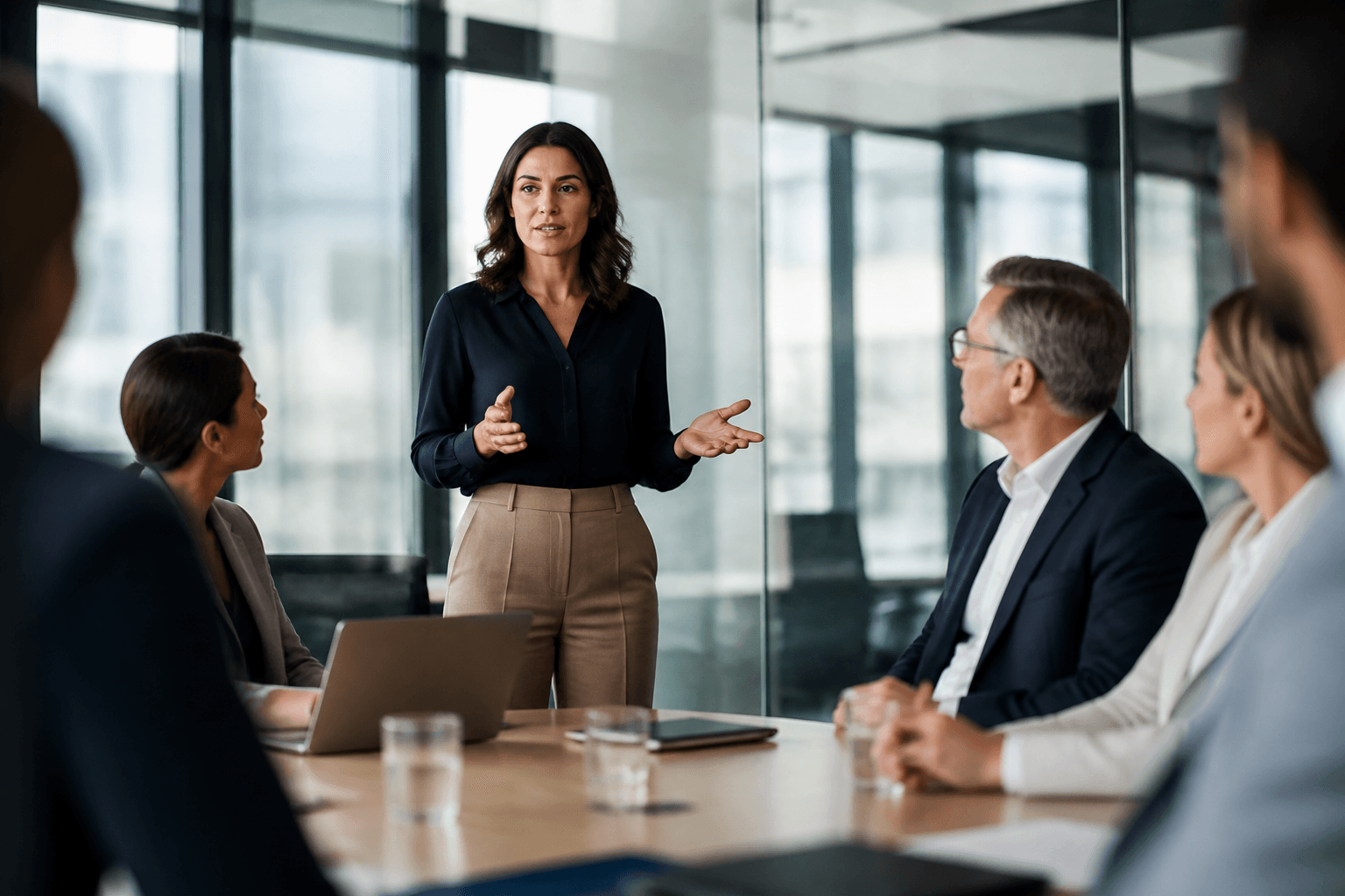 Executive presenting with confidence in a modern boardroom